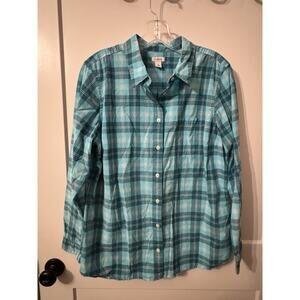 LL Bean Top Shirt Womens Sz L Green Plaid Classic Collared Academia Farm Work